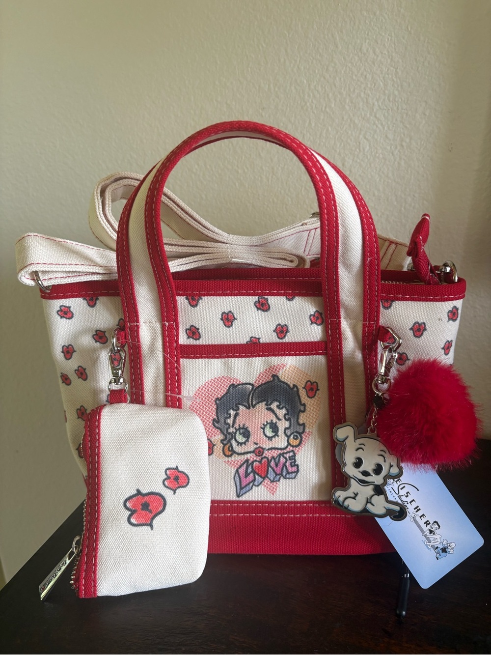 Betty Boop Cream & Red Canvas Tote with Pom and Charm